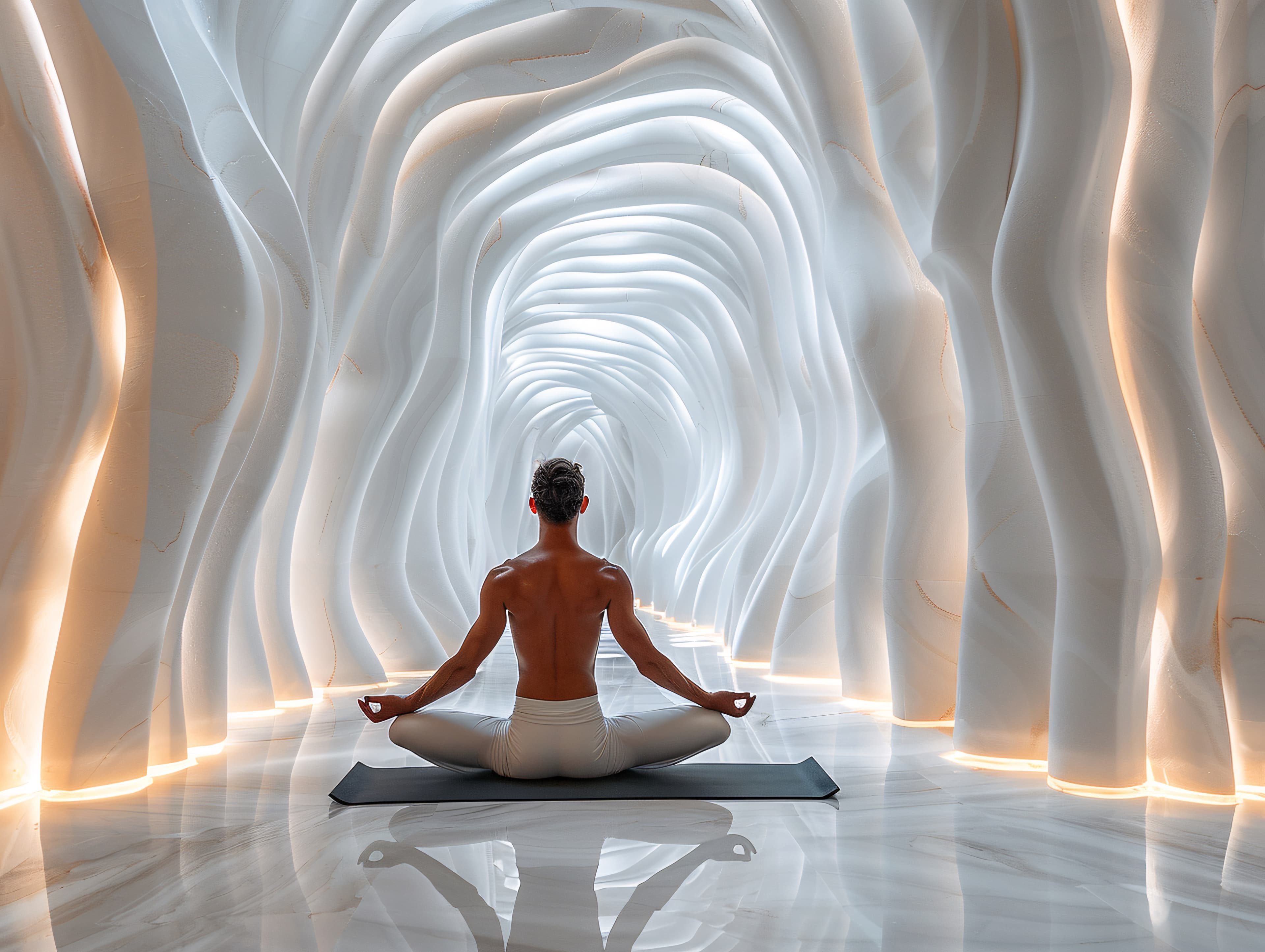 Person practicing yoga and mindful meditation in a peaceful setting.